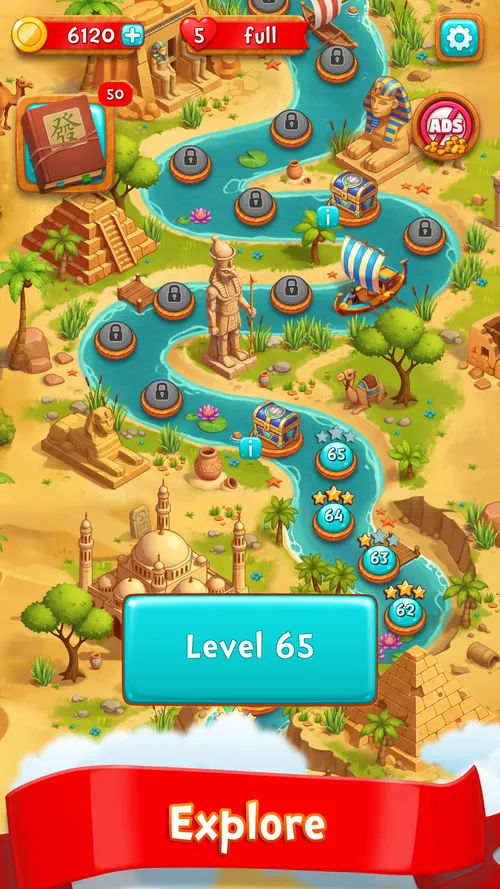 Mappa dei livelli lungo il Nilo con sfinge, piramidi e il pulsante Level 65