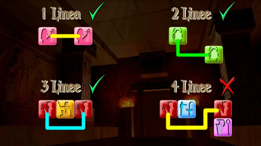 Schema delle regole di Pyramid Mystery 2: collegamenti a una, due e tre linee validi, a quattro linee non valido