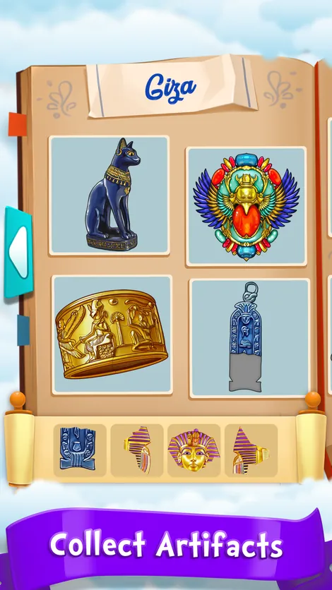 Album Giza con una statuetta di gatta nera, un pettorale a scarabeo alato, un bracciale d'oro e un pendente azzurro